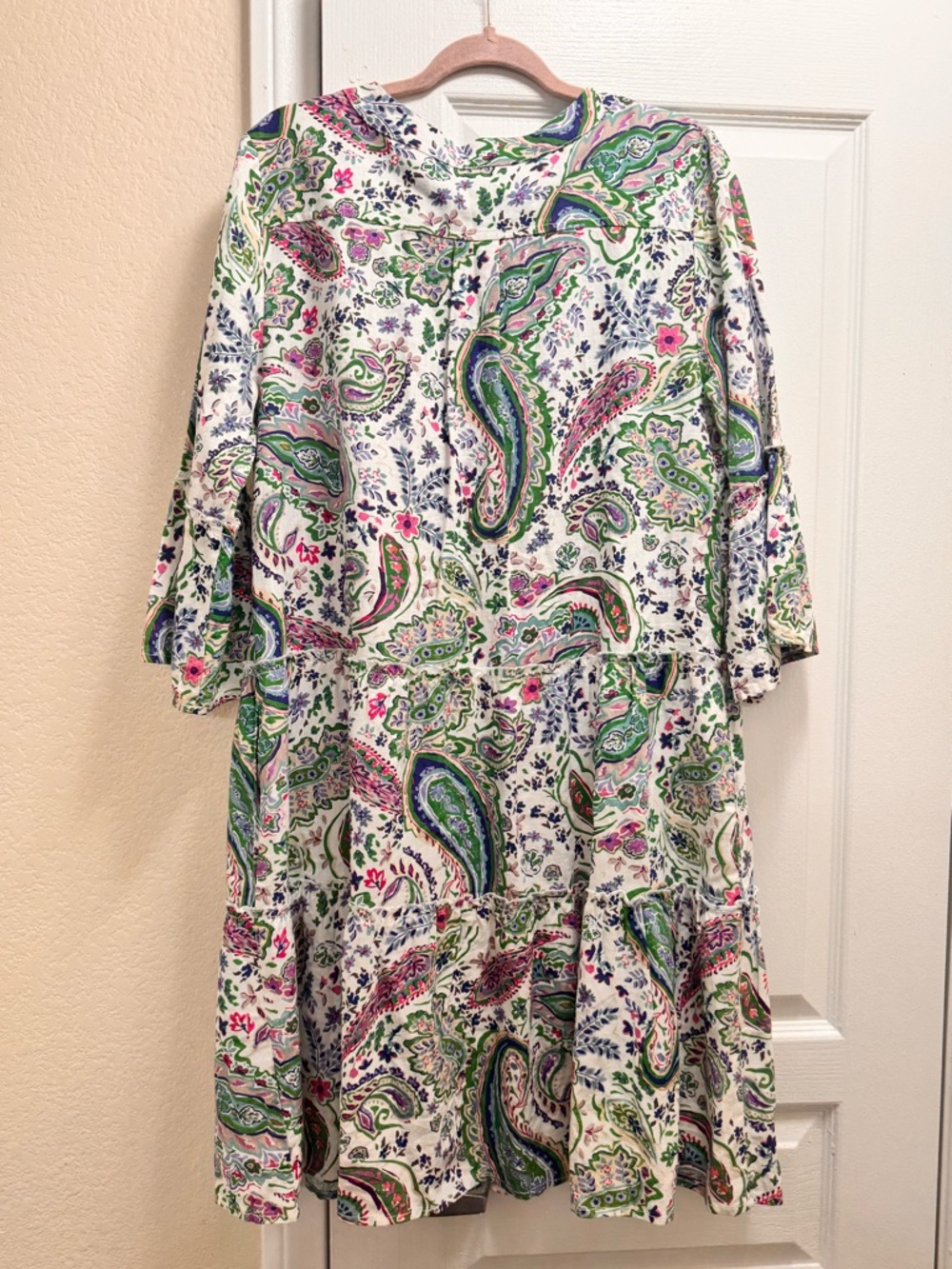 SHANA White Paisley Midi Dress with Green & Pink Motif